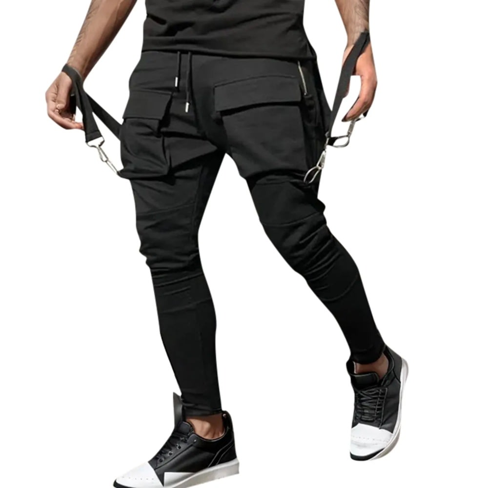 Men's Multi-Pocket Overalls with Zipper Large Pocket - Solid Color Sports Pants